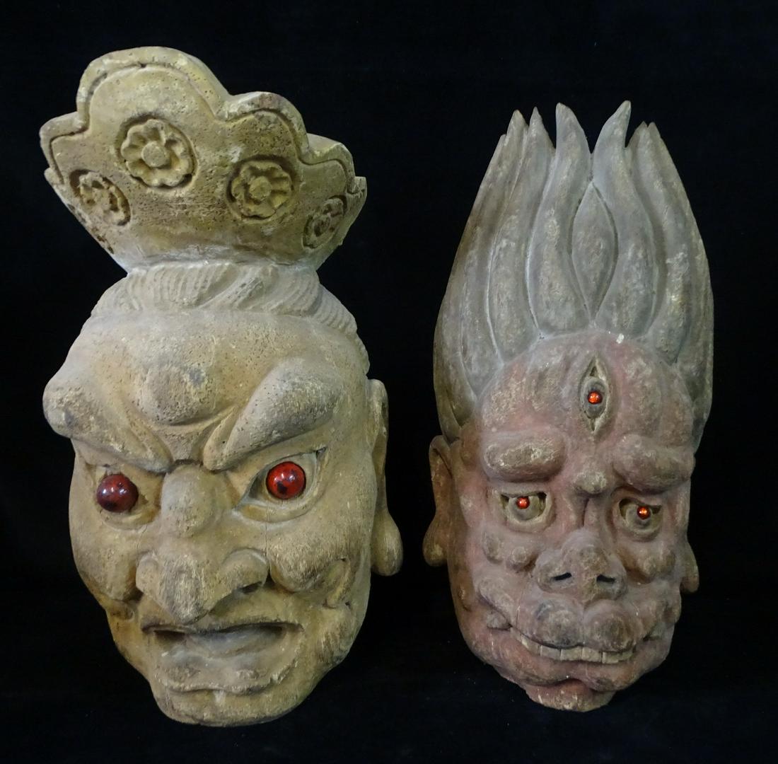 (2) CARVED WOOD ASIAN HEADS (1) W/GLASS EYES 17 1/2" TALLEST (1 of 16)