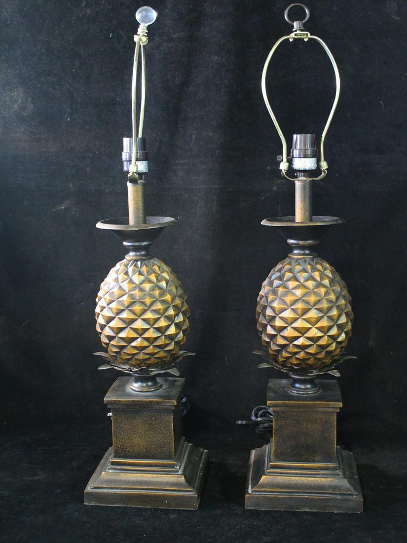 PAIR CARVED WOOD AND METAL PINEAPPLE LAMPS (1 of 8)