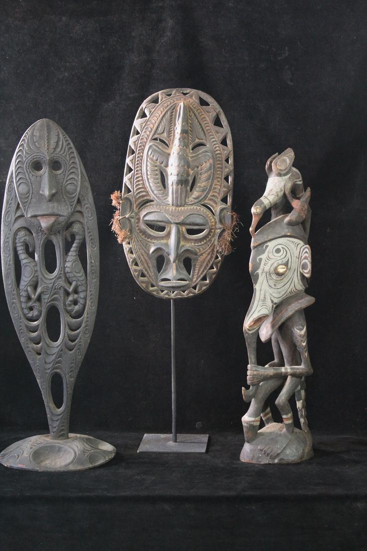 GROUP OF THREE TRIBAL ITEMS, PAPUA, NEW GUINEAU, INC.. MASK, LARGEST 32"H (1 of 18)