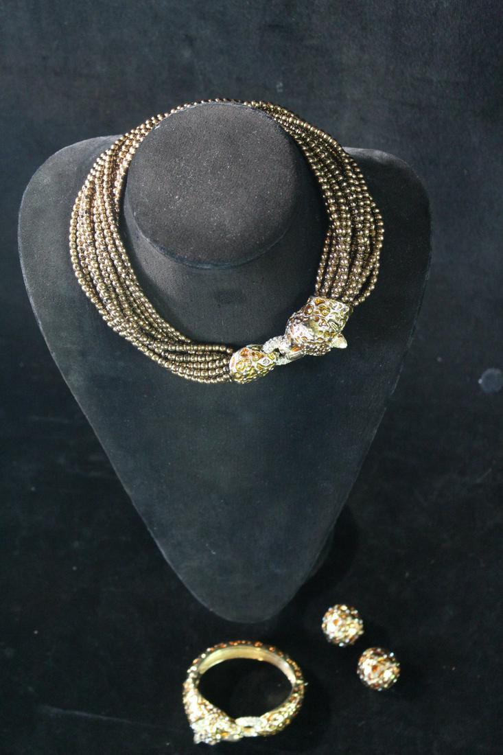 CINER LEOPARD MOTIF THREE PIECE SET OF CHOKER NECKLACE, CLIP EARRINGS, BANGLE BRACELET WITH EMAMEL (1 of 9)