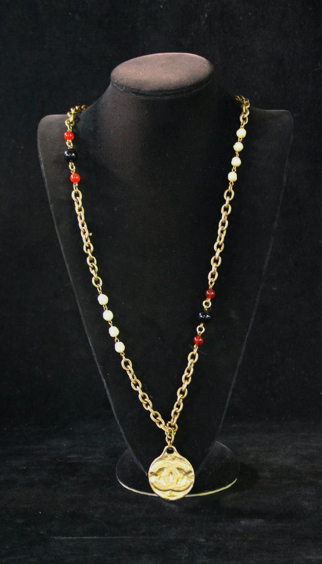 CHANEL LONG SAUTOIR PENDANT NECKLACE W FRESHWATER PEARLS, ONYX, AND AMBER ACCENTS, CHAIN 32"L, (1 of 11)