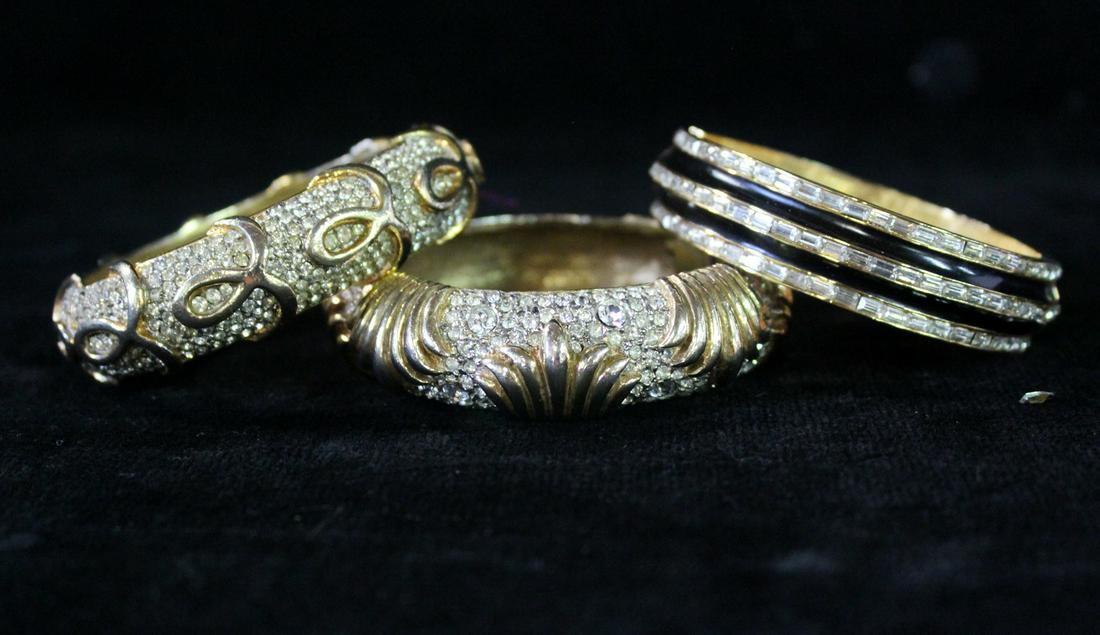 THREE KENNETH JAY LANE HINGED BANGLES WITH GOLDTONE, ENAMEL, AND CZ (SOME MISSING STONES) SIZE M (1 of 15)