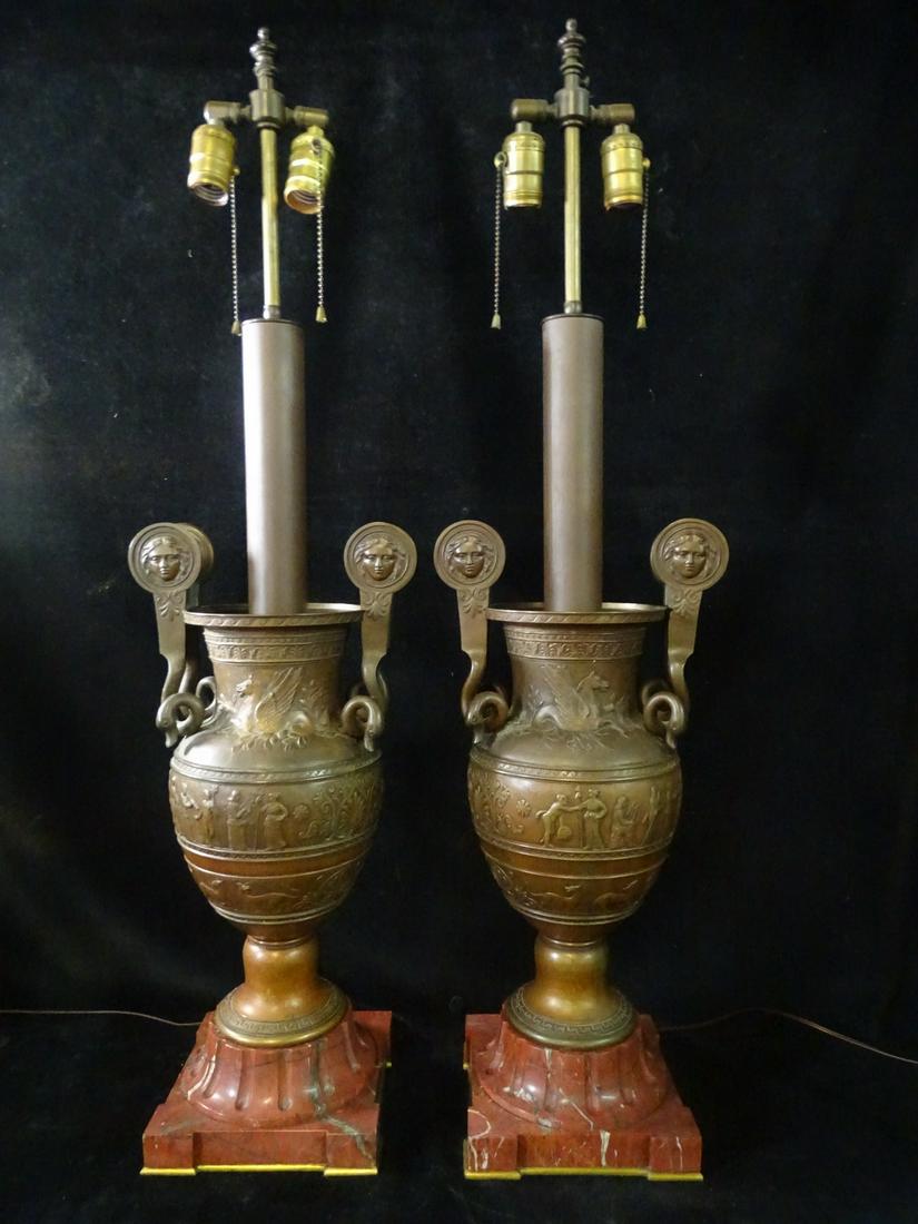 PAIR OF NEOCLASSICAL BRONZE AND ROUGE MARBLE URN FORM LAMPS, 37"H (1 of 19)