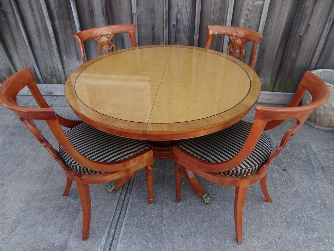 INLAID CIRCULAR PEDESTAL DINING TABLE 29.5 X 44 (W TWO 18" MISMATCHED LEAVES), AND FOUR CARVED (1 of 19)