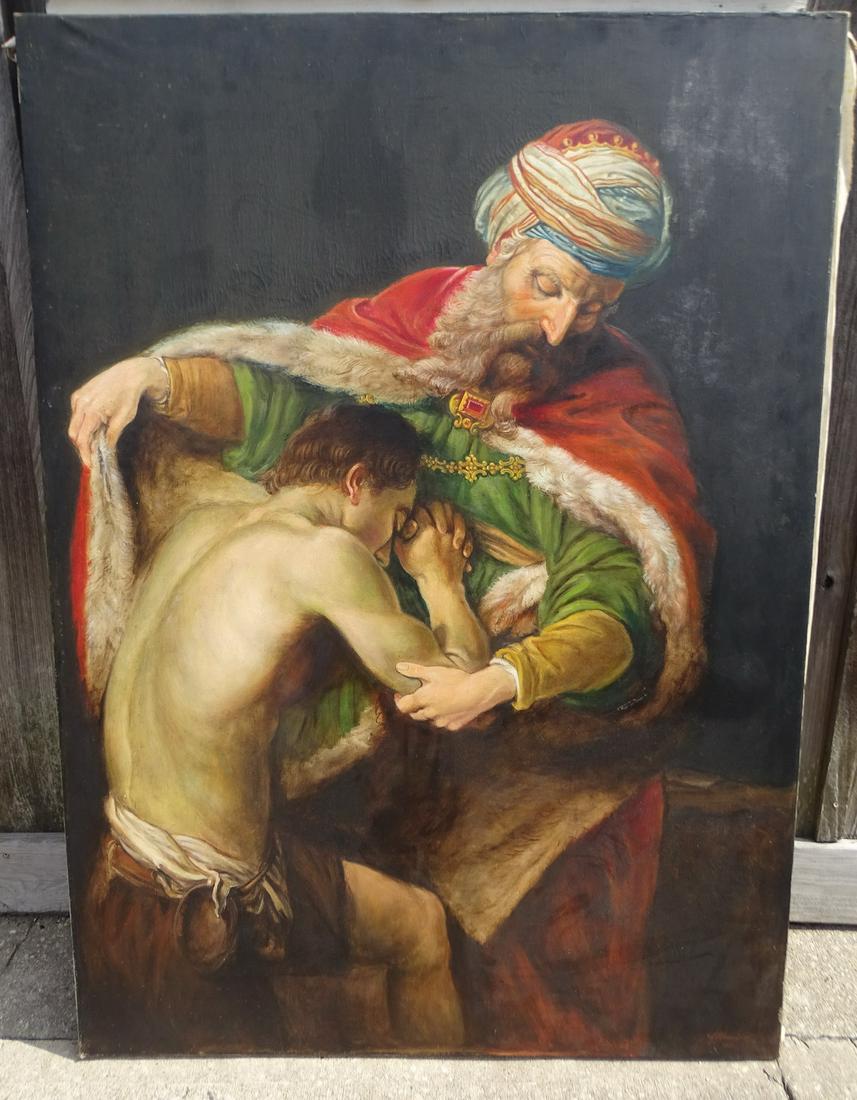 LARGE OIL ON CANVAS COPY OF "RETURN OF THE PRODIGAL SON" OLD MASTER PAINTING 53" X 38" (1 of 8)