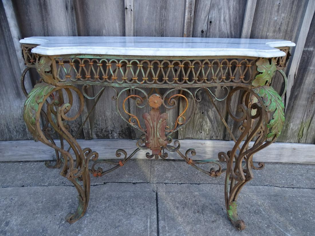 MARBLE TOPPED SCROLLWORK IRON CONSOLE (PAINT DECORATED) 30" X 48" X 17": MARBLE TOPPED SCROLLWORK IRON CONSOLE (PAINT DECORATED) 30" X 48" X 17"