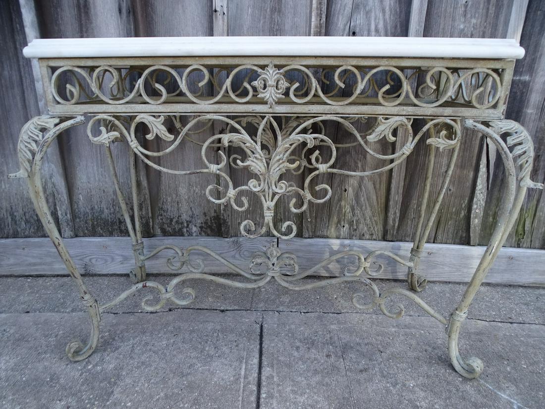 IRON MARBLE TOP CONSOLE W/LEAF MOTIF 30" X 39" X 16": IRON MARBLE TOP CONSOLE W/LEAF MOTIF 30" X 39" X 16"