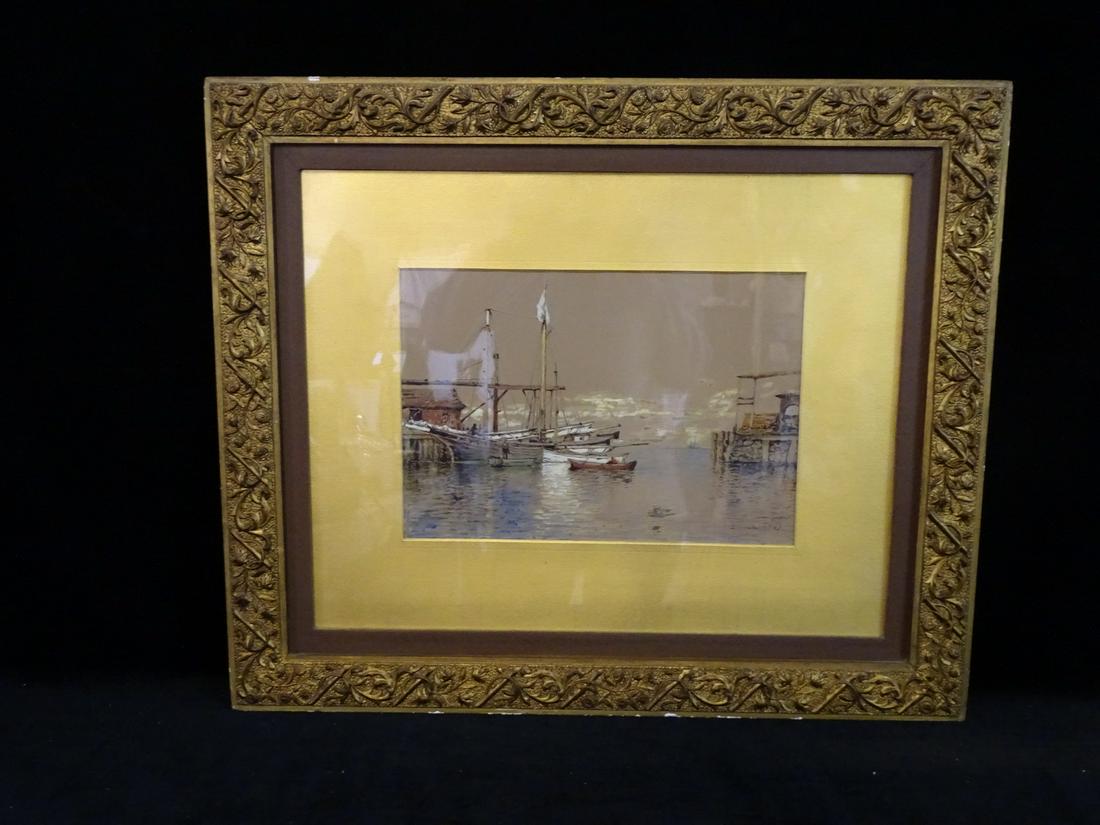 EDMUND DARCH LEWIS, WATERCOLOR ON PAPER WHARF SCENE, 1881,  9 X 13 IMAGE, 20.75 X 24.5 OVERALL (1 of 7)