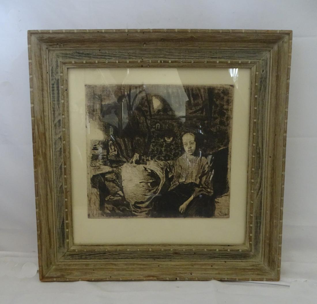 KATHE KOLLWITZ STAMPED ENGRAVING MARKED DRUCK VO HELSING, BERGN-CHINOG, 11.5 X 12 IMAGE, 20.5 X 20.5: KATHE KOLLWITZ STAMPED ENGRAVING MARKED DRUCK VO HELSING, BERGN-CHINOG, 11.5 X 12 IMAGE, 20.5 X 20.5 OVERALL