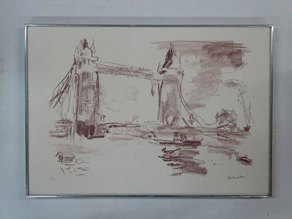 OSKAR KOKOSCHKA SIGNED LITHOGRAPH "TOWER BRIDGE II" 25 X 35 3/4: OSKAR KOKOSCHKA SIGNED LITHOGRAPH "TOWER BRIDGE II" 25 X 35 3/4