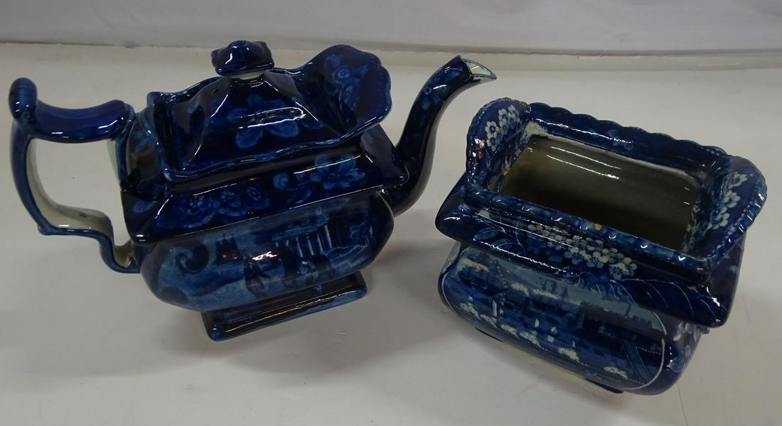 2 PIECES ANTIQUE ENGLISH DEEP BLUE TRANSFER TEAPOT (SMALL CHIP) "MOUNT VERNON" & SUGAR BOWL (1 of 18)