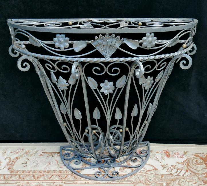 WROUGH IRON DEMI LUNE CONSOLE 34" HIGH, 42" LONG, 16" DEEP: WROUGH IRON DEMI LUNE CONSOLE 34" HIGH, 42" LONG, 16" DEEP