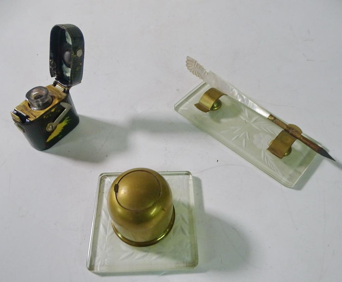 MINIATURE ASPLEY INKWELL IN LEATHER CASE AND TWO PIECE BRASS AND LUCITE INKWELL SET (1 of 14)
