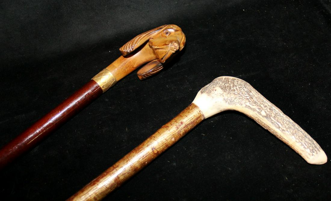 TWO WALKING STICKS, ONE HOUND, ONE ANTLER 37 X 6 X 2 LARGEST (1 of 9)