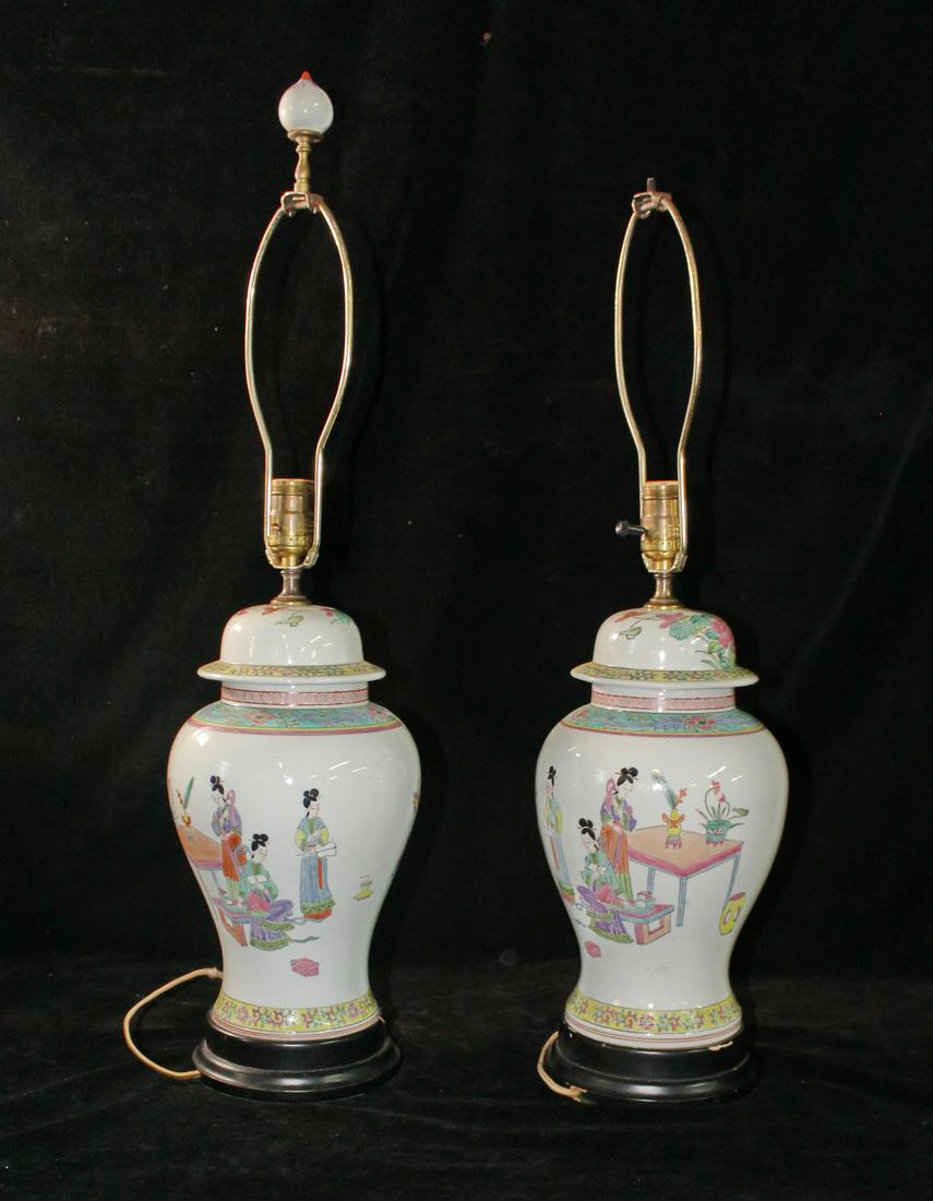 PAIR ASIAN COVERED URN FORM LAMPS (29" HIGH) (1 of 12)