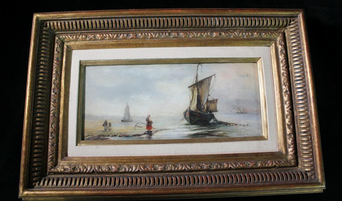 DUTCH OIL ON CANVAS SEA SCAPE (6 X 14 IMAGE -  14 1/2" X 22" OVERALL) (1 of 7)