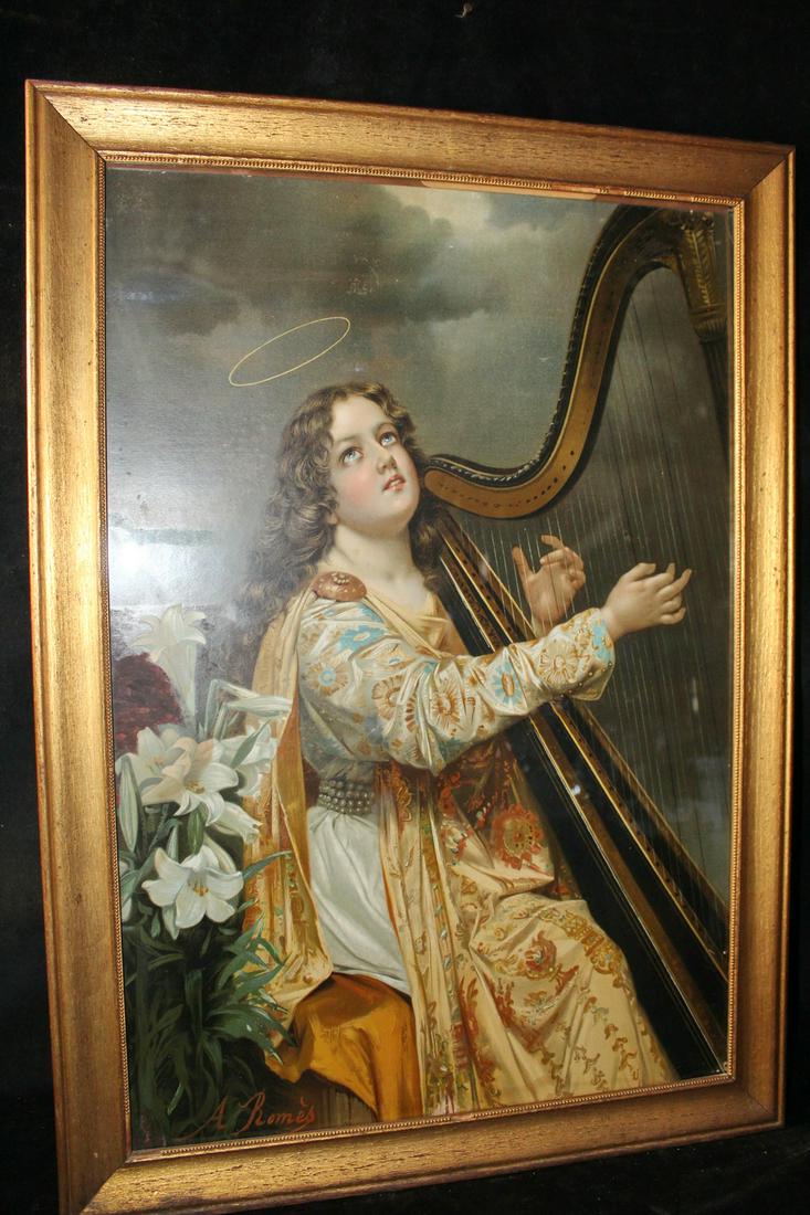 A. ROMES SIGNED "SAINT CECILIA" CHROMOLITHOGRAPH C 1898 27 3/4" X 18 1/2" IMAGE (1 of 10)