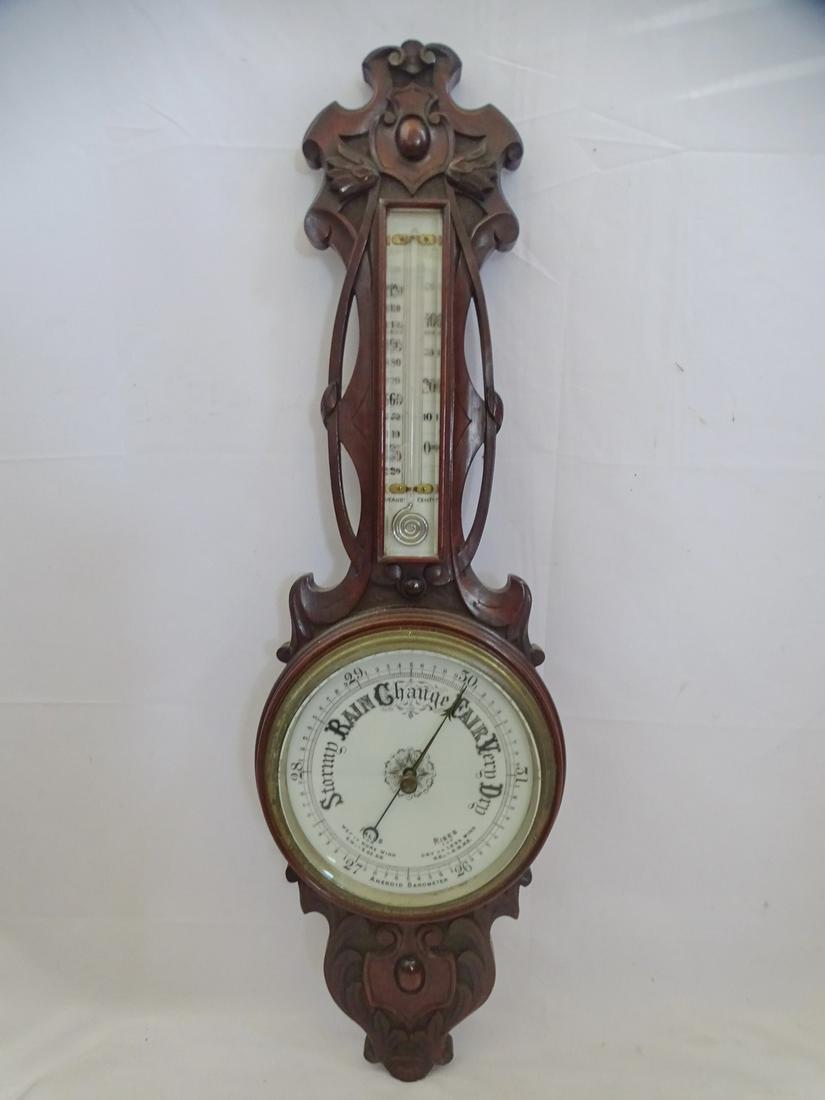 CARVED MAHOGANY ENGLISH ANEROID BAROMETER 31" HIGH (1 of 12)
