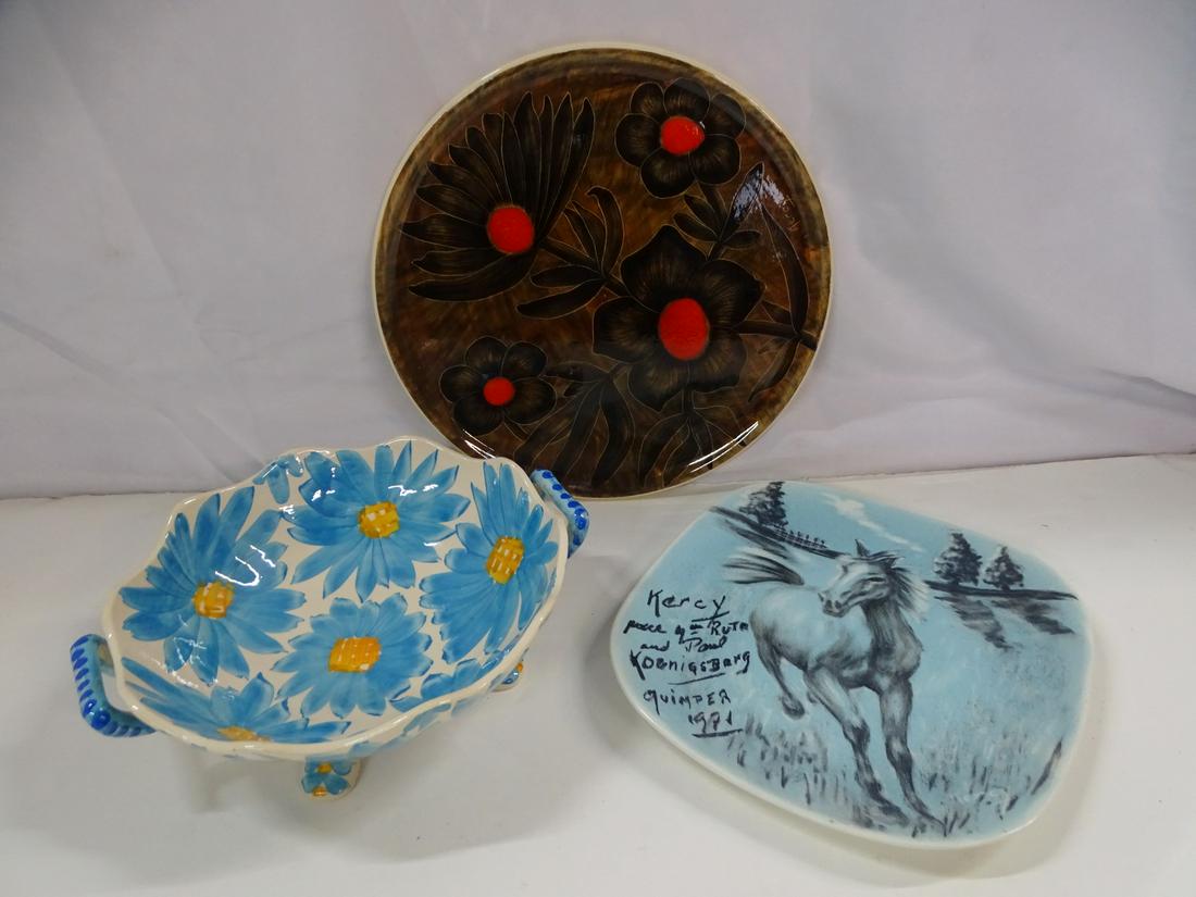 3 PIECES KERZY QUIMPER INC. FOOTED 2 HANDLED BOWL, 13 1/2" LARGEST (1 of 16)