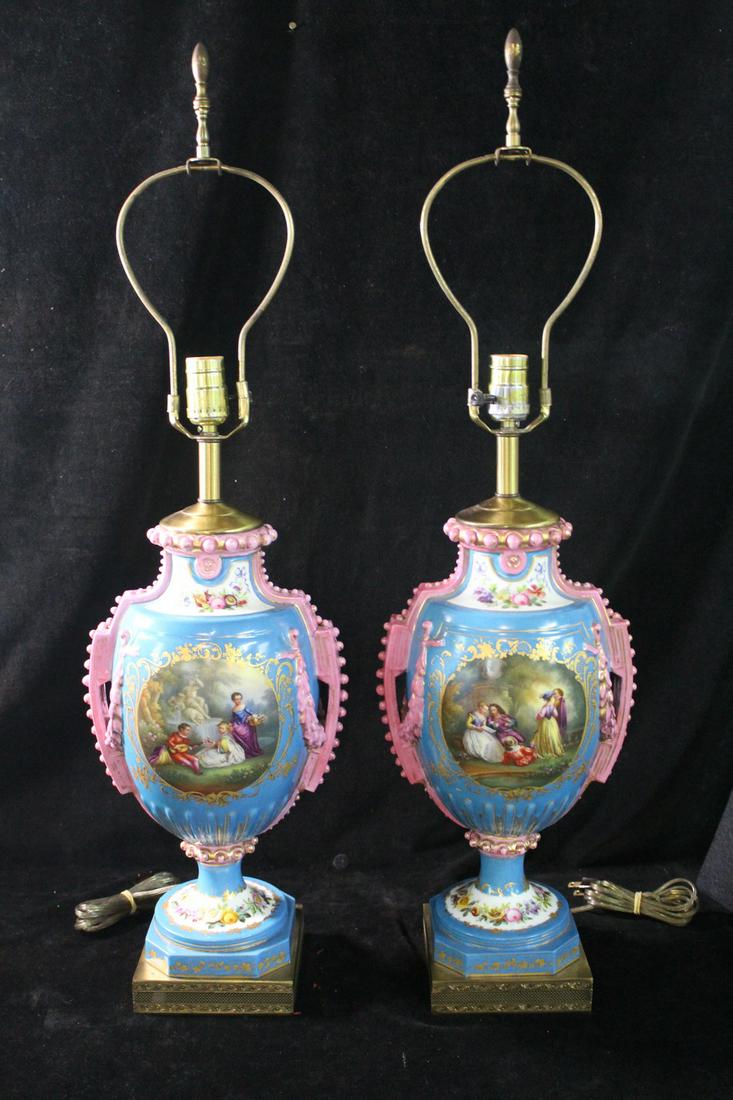 PAIR OF LAMPS, SERVRES?? QUALITY, COBALT PORCELAIN WITH HANDPAINTED CENTER MEDALLIONS, 32"H TO: PAIR OF LAMPS, SERVRES?? QUALITY, COBALT PORCELAIN WITH HANDPAINTED CENTER MEDALLIONS, 32"H TO FINIAL