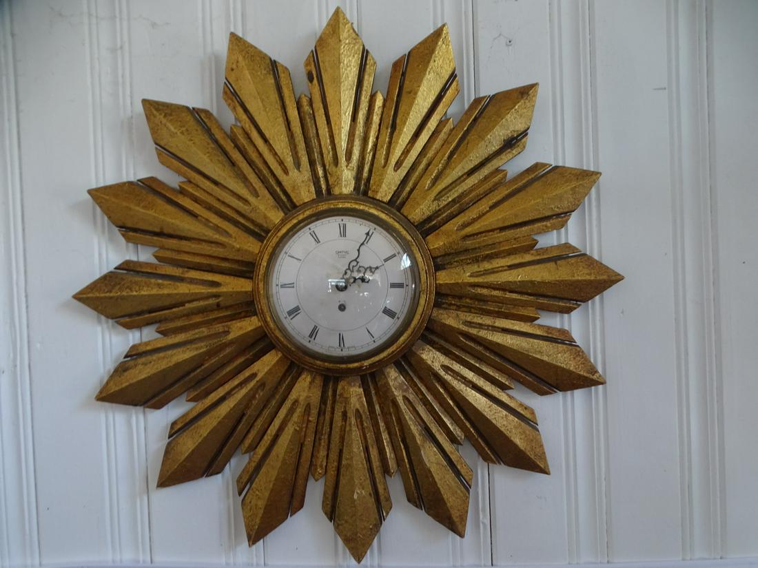 MID CENTURY GILT WOOD SUNBURST CLOCK 24" DIA. (1 of 10)