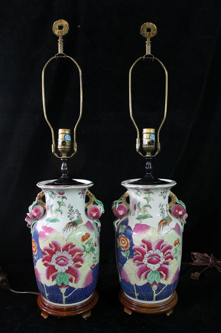 SET OF TWO CHINESE PORCELAIN LAMPS WITH TOBACCO LEAF DESIGN 30.75"H (1 of 9)