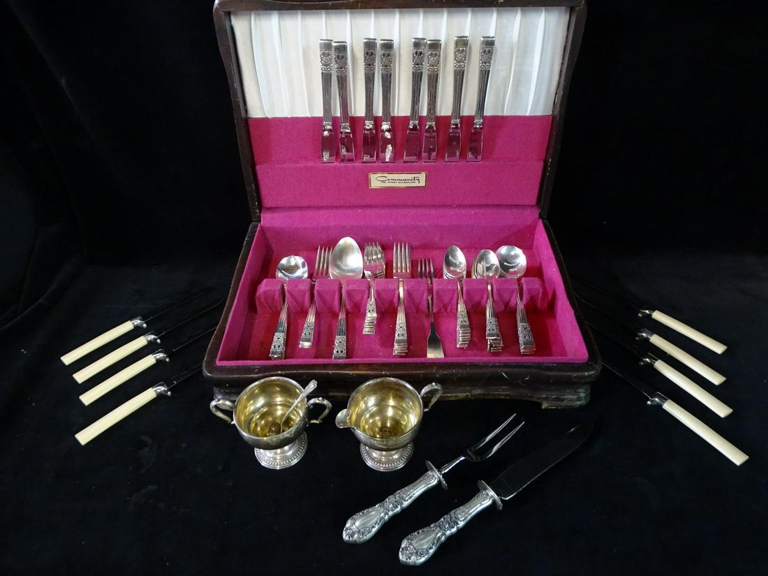 ASSEMBLED GROUP SILVERPLATE FLATWARE BRIDDEL KNIVES AND STERLING SILVER WTD. SUGAR AND CREAMER (1 of 16)