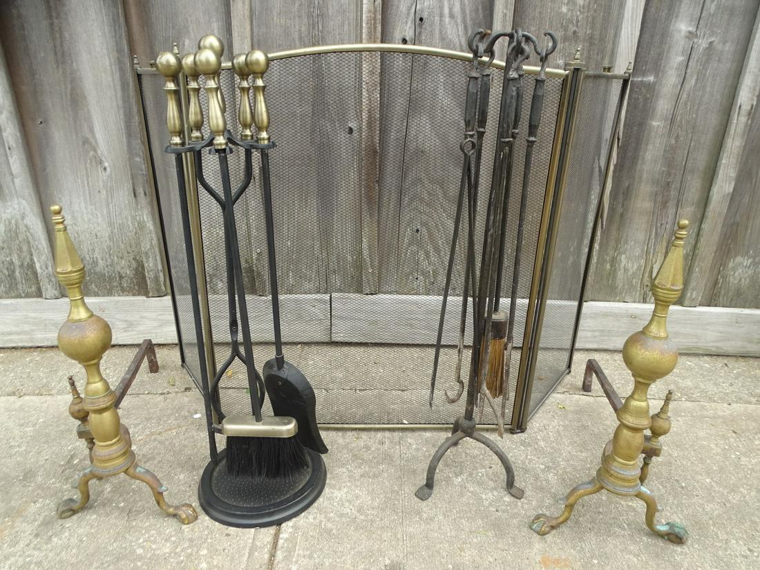 ASSEMBLED GROUP OF FIREPLACE ACCESSORIES INC.. TOOLS, ANDIRONS, AND FOLDING SCREEN (1 of 13)