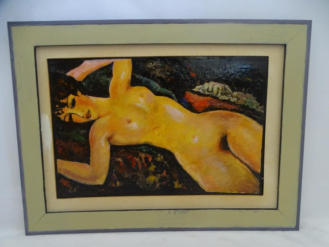 OIL ON PANEL FEMALE RECLINING NUDE IN THE MANNER OF MODIGLIANI 17 X 23 OVERALL: OIL ON PANEL FEMALE RECLINING NUDE 17 X 23 OVERALL IN THE MANNER OF MODIGLIANI