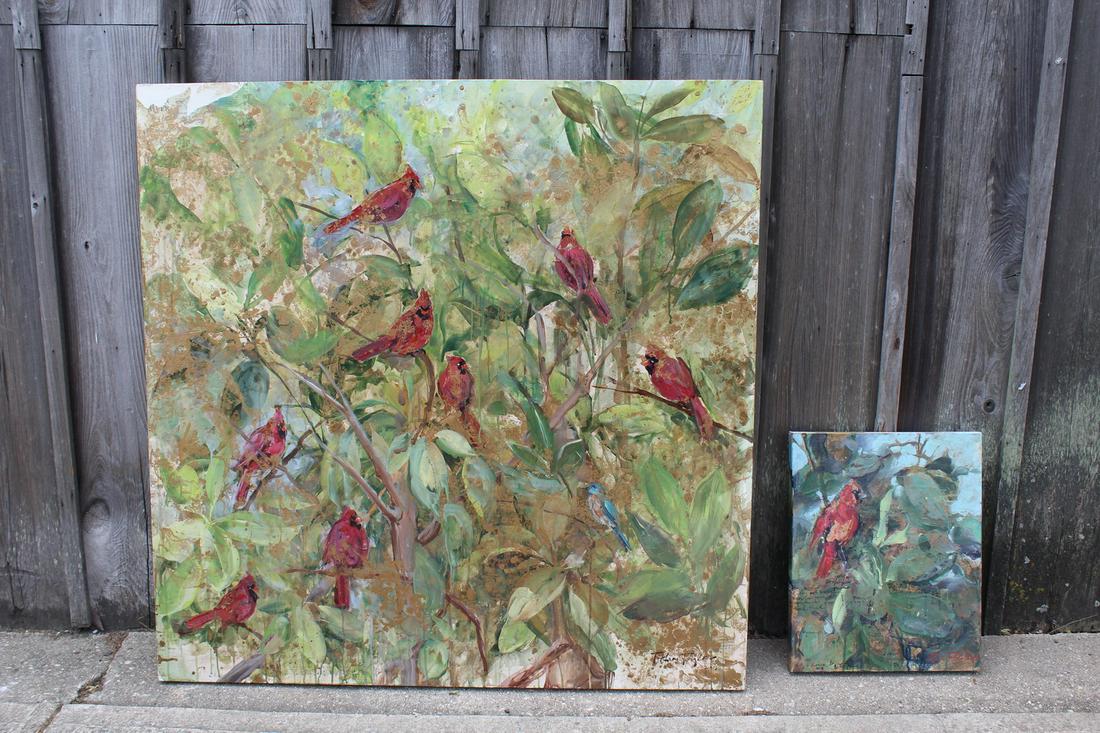 2 OIL ON CANVAS, TIFFANI TAYLOR, CARDINALS AND BLUE JAY, 48.5 X 48 LARGEST: 2 OIL ON CANVAS, TIFFANI TAYLOR, CARDINALS AND BLUE JAY, 48.5 X 48 LARGEST