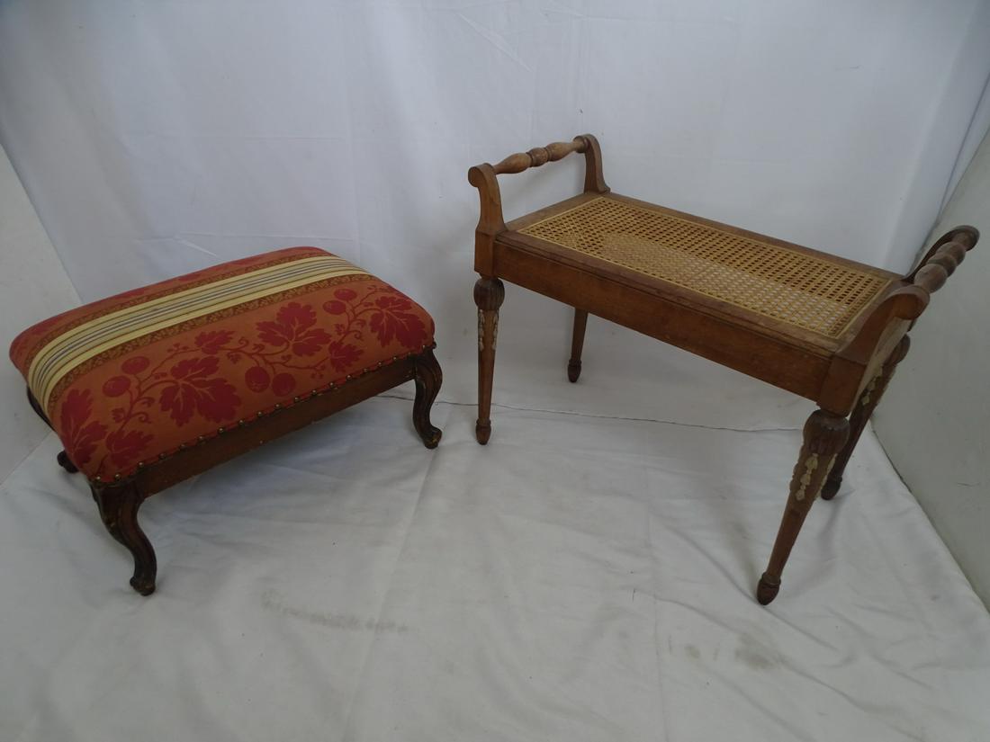 CANED BENCH AND UPHOLSTERED FOOTSTOOL 21.5 X 26.5 X 14.5 LARGEST: CANED BENCH AND UPHOLSTERED FOOTSTOOL 21.5 X 26.5 X 14.5 LARGEST