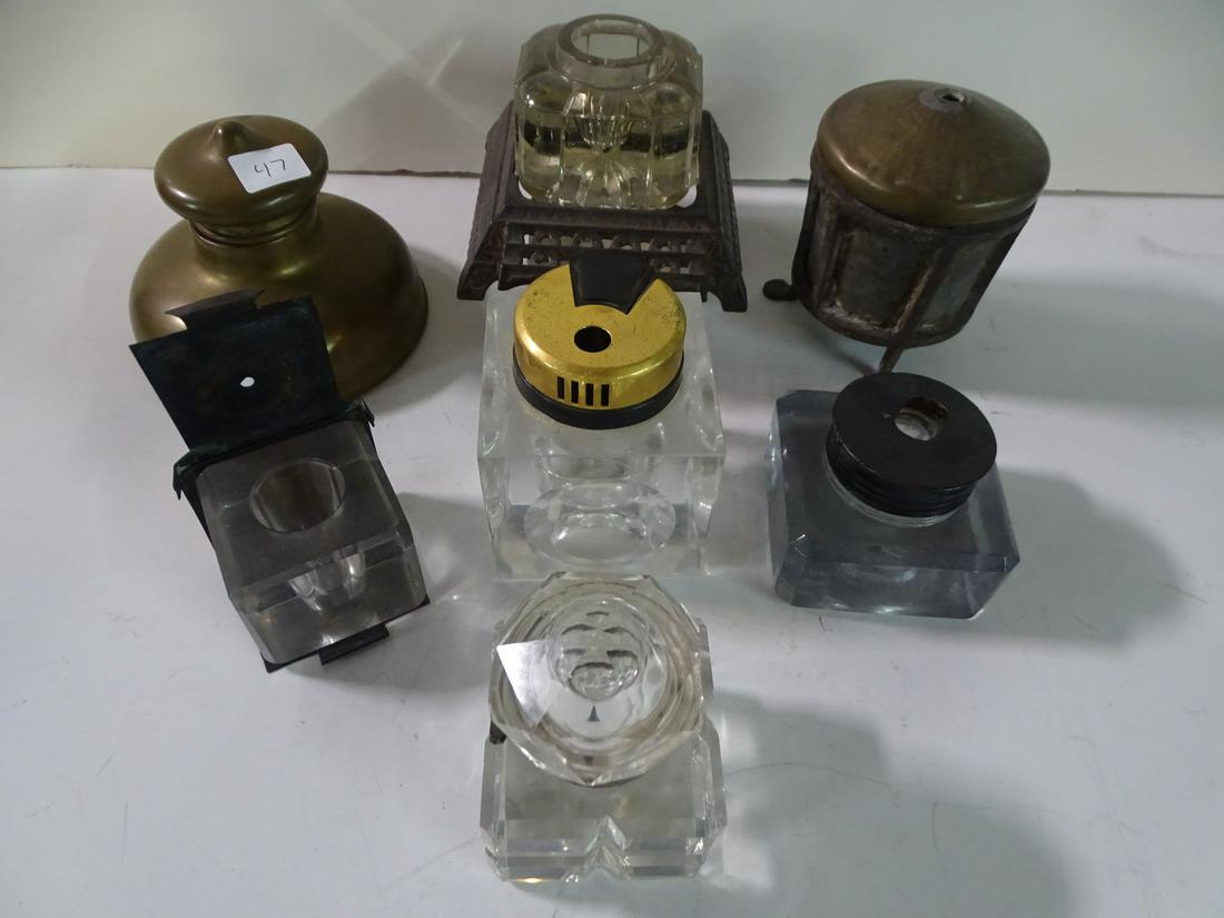 TWO METAL DOUBLE INKWELLS (1 BRONZE, 1 METAL) & 1 METAL & CRYSTAL INKWELL (1 of 16)