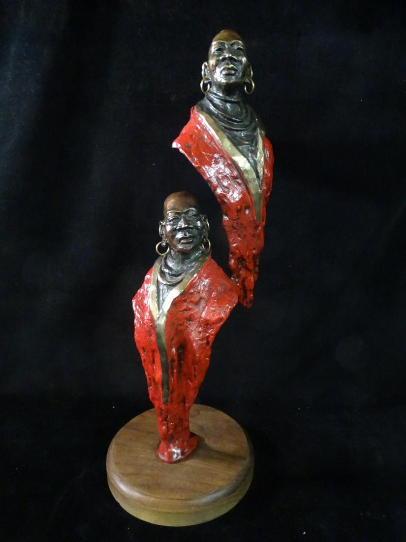 BRONZE, AFRICAN TWIN SHAMAN SCULPTURE, 22H X 7W X 4.25D: BRONZE, AFRICAN TWIN SHAMAN SCULPTURE, 22H X 7W X 4.25D