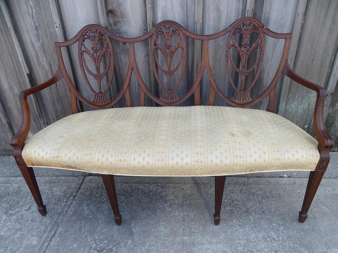SHERATON STYLE MAHOGANY TRIPLE CHAIR BACK SETTEE, RESTORATION AND REPAIRS, 38 X 60 X 25 (1 of 17)