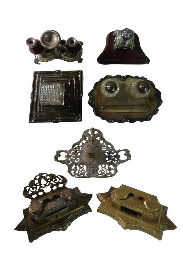 THREE VINTAGE INKWELLS (1 DRAWER MISSING) AND GROUP OF 4 SILVER PLATED INKWELLS (1 of 19)