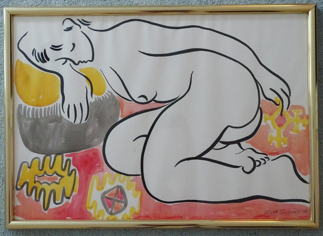 ZIVA SIVAN SIGNED WATERCOLOR ON PAPER, "RECLINING NUDE" 27 X 38.5 IMAGE, 29 X 41 OVERALL: ZIVA SIVAN SIGNED WATERCOLOR ON PAPER, "RECLINING NUDE" 27 X 38.5 IMAGE, 29 X 41 OVERALL