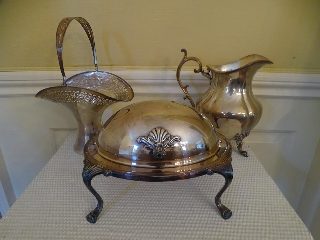 SHEFFIELD BASKET, REED AND BARTON PITCHER, AND SILVERPLATE BACON SERVER (1 of 12)