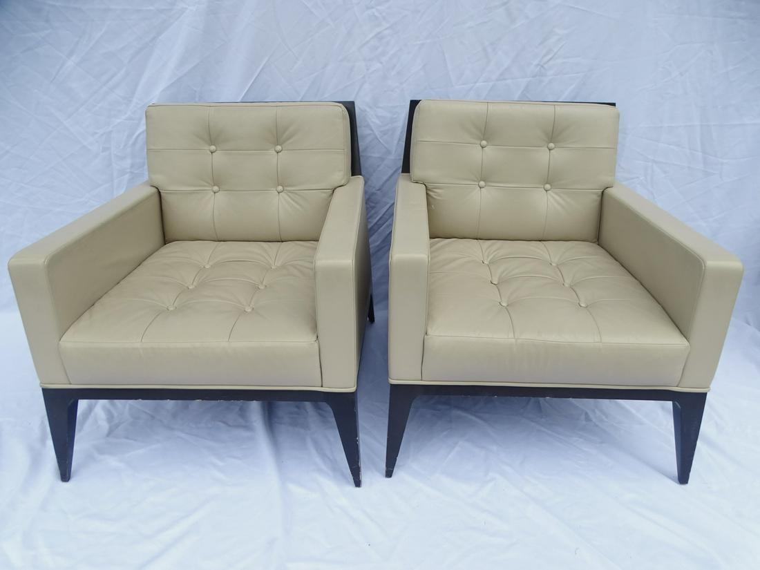 PAIR OF MID CENTURY LEATHER & EBONIZED WOOD ARMCHAIRS (30x29x30): PAIR OF MID CENTURY LEATHER & EBONIZED WOOD ARMCHAIRS (30x29x30)