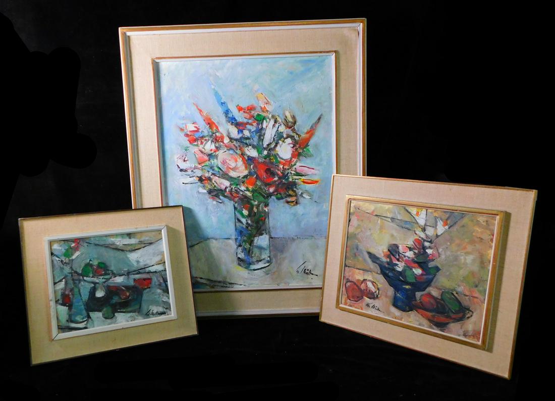 GROUP OF THREE OIL ON CANVAS, STILL LIFE/FLORAL WITH RED, BLUE, GREEN, SIGNATURE ILLEGIBLE, 23 X 17 (1 of 12)