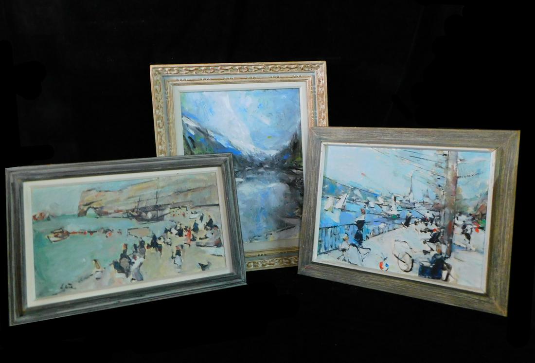 GROUP OF THREE OIL ON CANVAS, ABSTRACT WATERFRONT SCENE, SIGNATURE ILLEGIBLE, 17.5 X 13 IMAGE, 23 X (1 of 13)