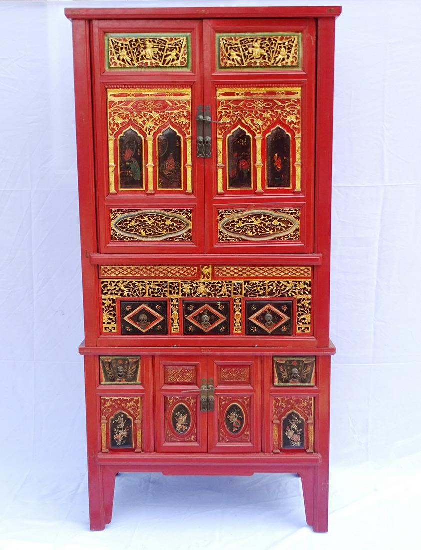 2 PART RED LACQUER AND GILT PAINT DECORATED ASIAN CHEST W/CARVED PANELS (1 of 20)