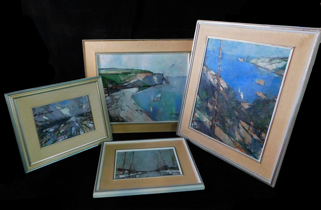 GROUP OF FOUR OIL ON CANVAS, WATERFRONT SCENE, SIGNATURE ILLEGIBLE, 19.5 X 15.5 IMAGE, 26 X 22 (1 of 14)