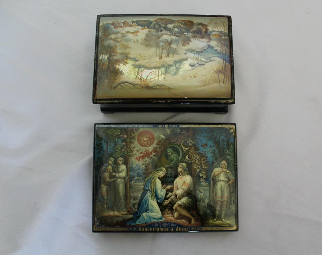 TWO RECTANGULAR RUSSIAN LACQUERED BOXES, ONE WITH MOTHER OF PEARL, 8.75 X 6.25 X 3.25 LARGEST (1 of 14)