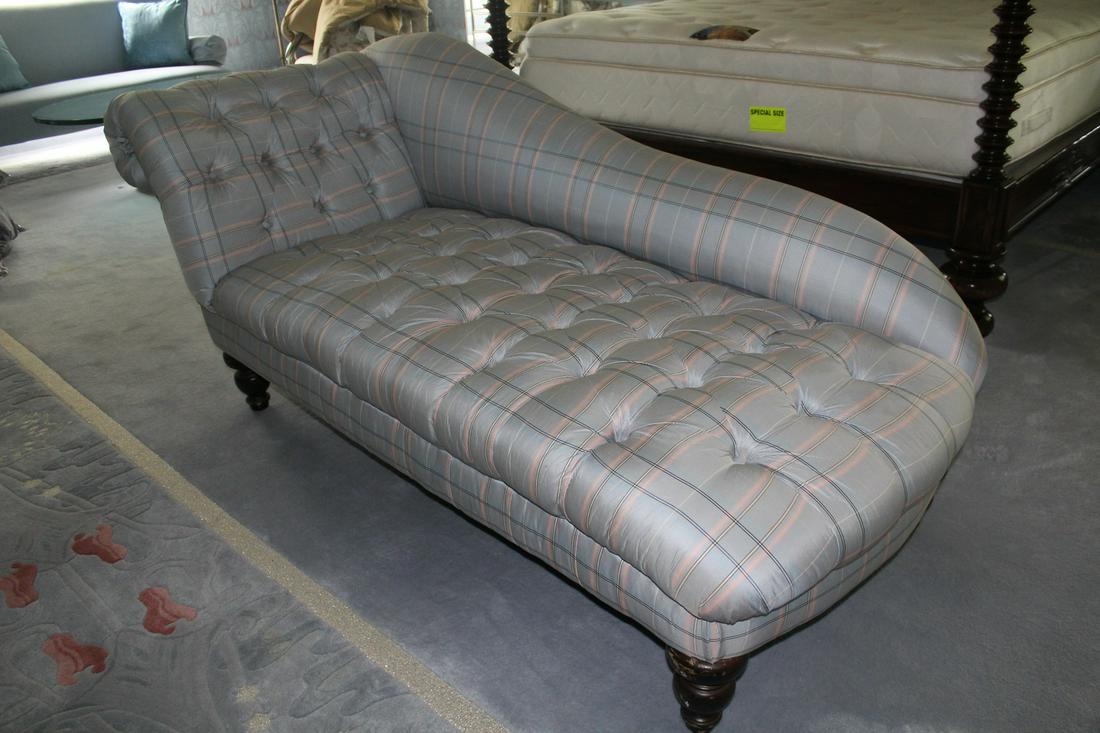 SILK UPHOLSTERED RECAMIER / CHAISE W/BUTTON TUFTING, FEW LIGHT STAINS 38" X 78" X 34" (S 38): SILK UPHOLSTERED RECAMIER / CHAISE W/BUTTON TUFTING, FEW LIGHT STAINS 38" X 78" X 34" (S 38)