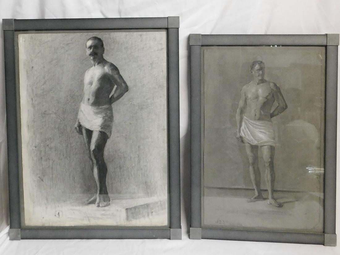TWO MALE NUDES, FRAMED, CHARCOAL AND GRAPHITE ON PAPER, ONE SIGNED, LARGEST 25.5X18.5 IMAGE: TWO MALE NUDES, FRAMED, CHARCOAL AND GRAPHITE ON PAPER, ONE SIGNED, LARGEST 25.5X18.5 IMAGE 28.5X22.5 OVERALL REF# (384/399)