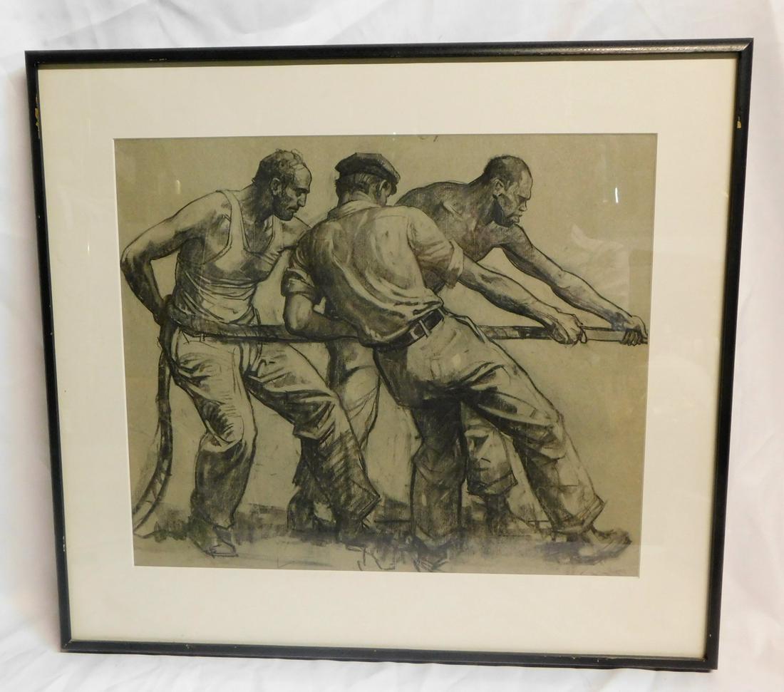 CHARCOAL ON PAPER, UNTITLES "THREE MEN LABORING" EARLY TO MID 20TH CENTURY 24.5X27 OVERALL, 17X20.5: CHARCOAL ON PAPER, UNTITLES "THREE MEN LABORING" EARLY TO MID 20TH CENTURY 24.5X27 OVERALL, 17X20.5 IMAGE. REF# (394)