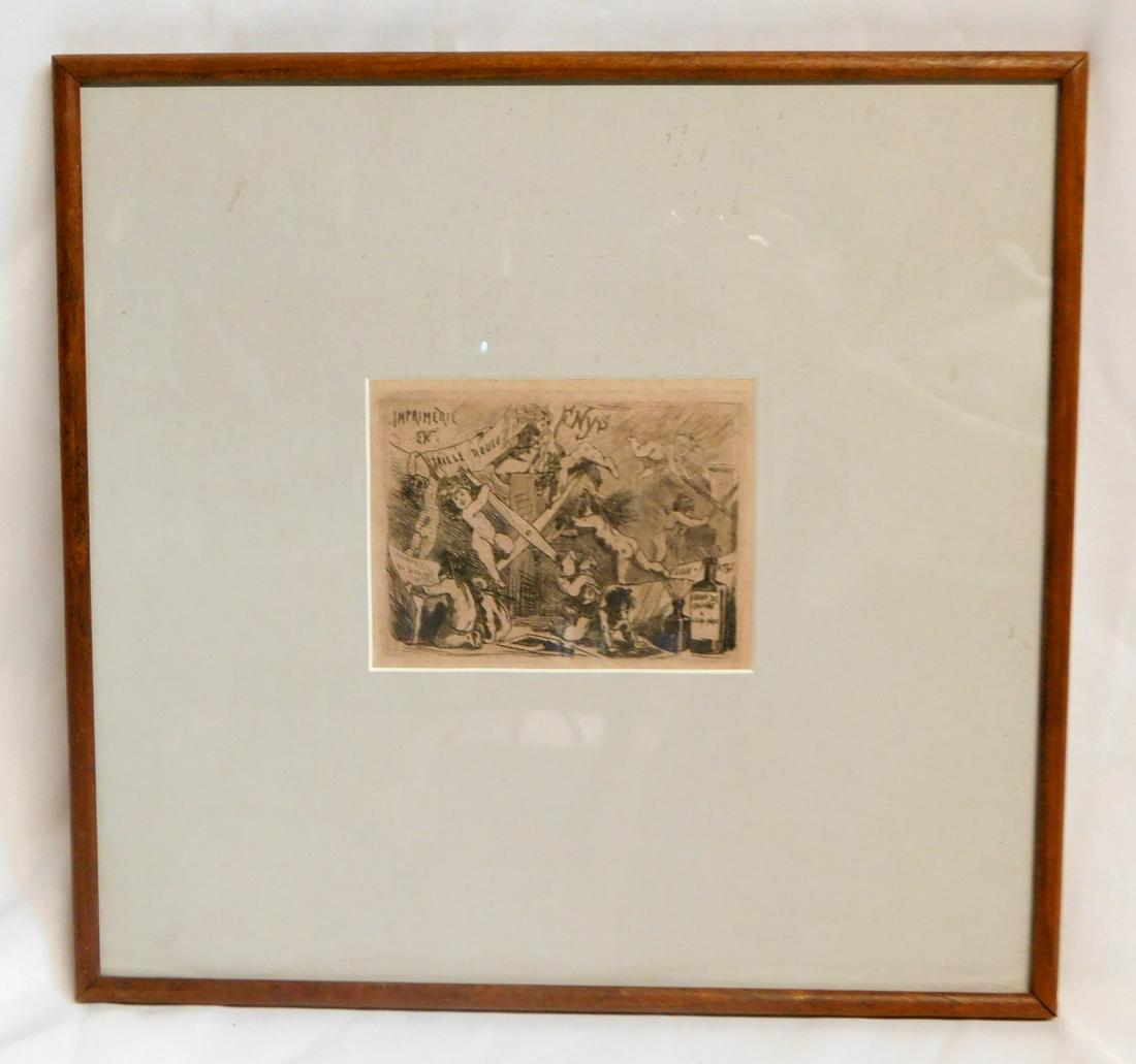 FELICIEN ROPS, BELGIAN 19TH CENTURY, LA PRESSE, ORIGINAL ETCHING AND AQUATINT. 3.5X4.5 IMAGE,: FELICIEN ROPS, BELGIAN 19TH CENTURY, LA PRESSE, ORIGINAL ETCHING AND AQUATINT. 3.5X4.5 IMAGE, 11.5X12 OVERALL REF# (272)