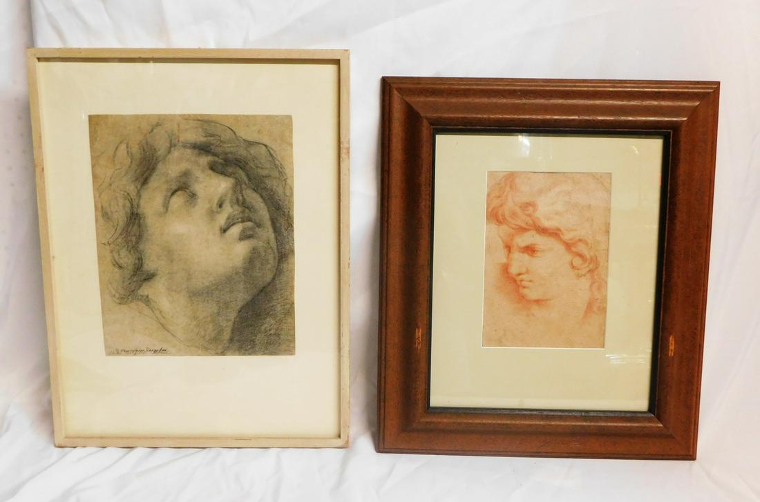 TWO 19TH CENTURY ITALIAN MALE HEAD STUDIES, CHARCOAL ON PAPER AND SANGUINE ON PAPER, SIGNED: TWO 19TH CENTURY ITALIAN MALE HEAD STUDIES, CHARCOAL ON PAPER AND SANGUINE ON PAPER, SIGNED ILLEGIBLE. 13X10.5 IMAGE, 22X16.5 OVERALL REF# (333/354)