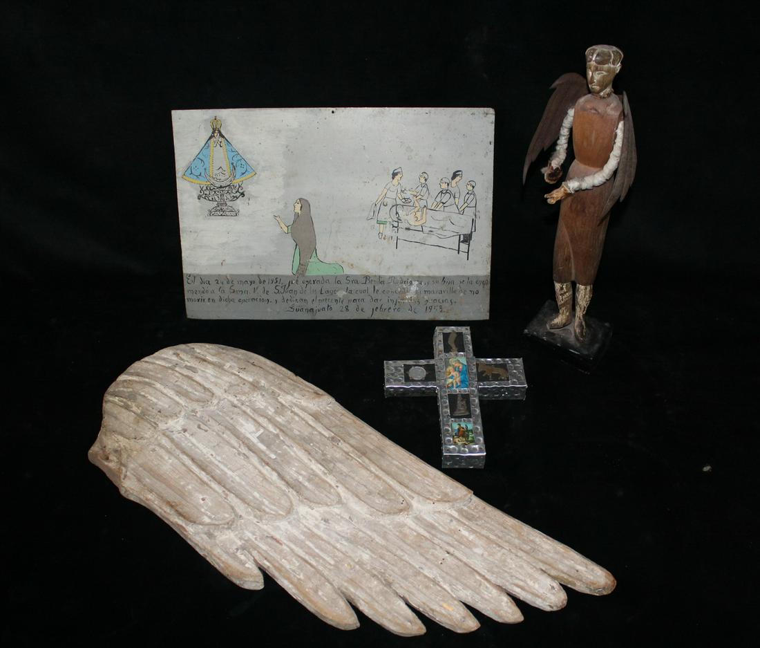 GROUP OF RELIGIOUS ITEMS INC. ANGEL, WING, CROSS, AND FOLK ART ICON, LARGEST 20 X 8 X .5 (REF 260,: GROUP OF RELIGIOUS ITEMS INC. ANGEL, WING, CROSS, AND FOLK ART ICON, LARGEST 20 X 8 X .5 (REF 260, 576, 507)