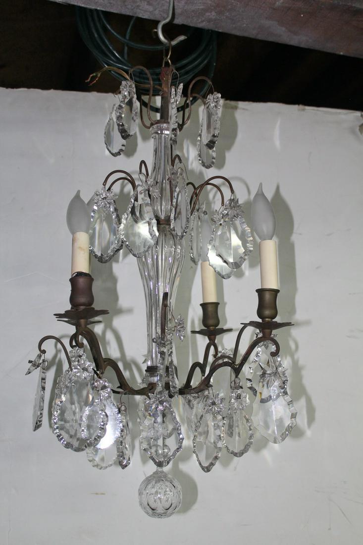 BRONZE AND CRYSTAL 4 LIGHT CHANDELIER W/BACCARAT DROPS 25" HIGH: BRONZE AND CRYSTAL 4 LIGHT CHANDELIER W/BACCARAT DROPS 25" HIGH